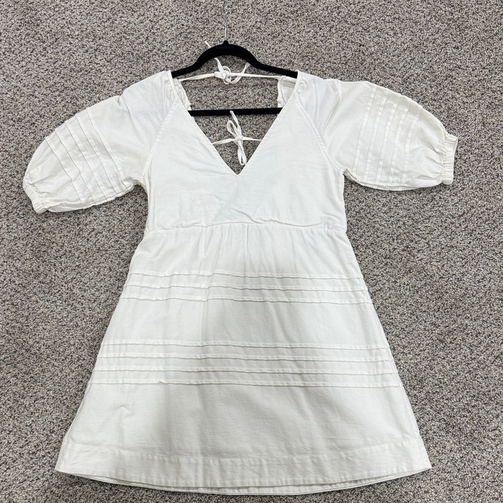 7 for all man kind Cream V-Neck Dress with Puff Sleeves